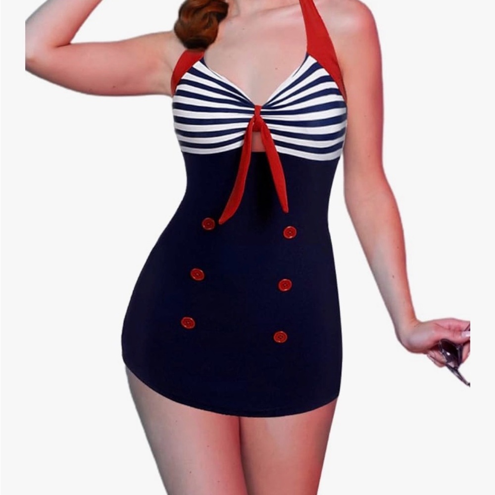 Retro Navy Stripe Halter One-Piece Swim Dress with Red Trim